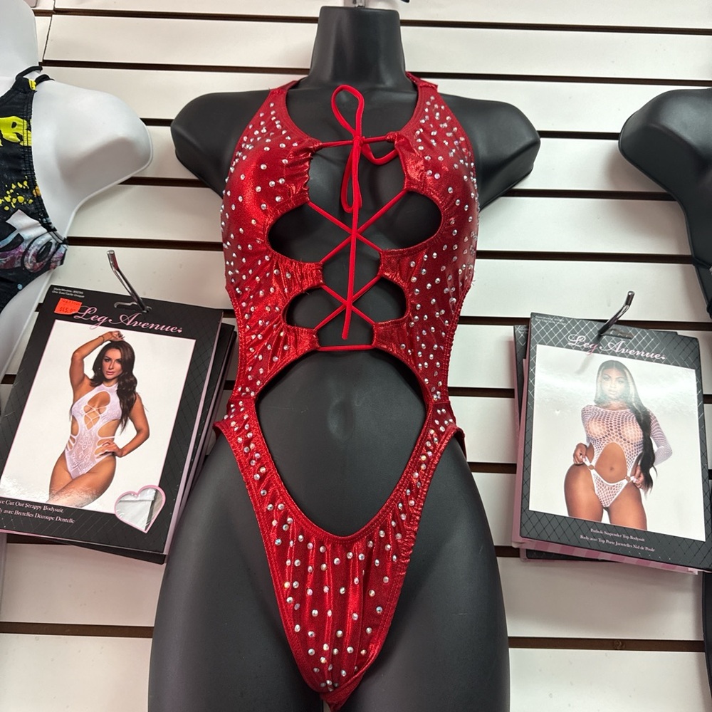 Red Rhinestone Cutout Bodysuit